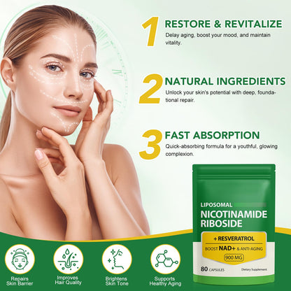 NAD Supplement with Nicotinamide Riboside - Resveratrol,Liposomal Nicotinamide Riboside,Quercetin - High Purity NAD Supplement for Anti-Aging, Focus, Energy 160 Capsules (2 Bag) - Maple Wellness Supplements