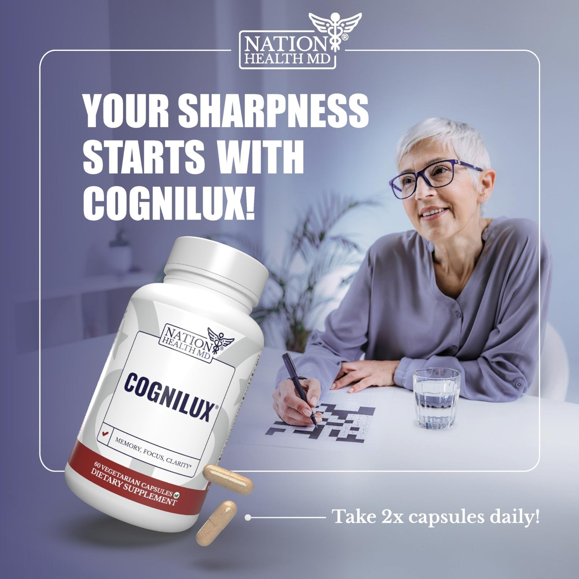 NATION HEALTH MD Cognilux - Brain Supplements for Memory and Focus - Nootropic Focus Supplement with Niacin, Vitamin B6, GABA and More - Memory Supplement for Brain, Brain Health - Maple Wellness Supplements