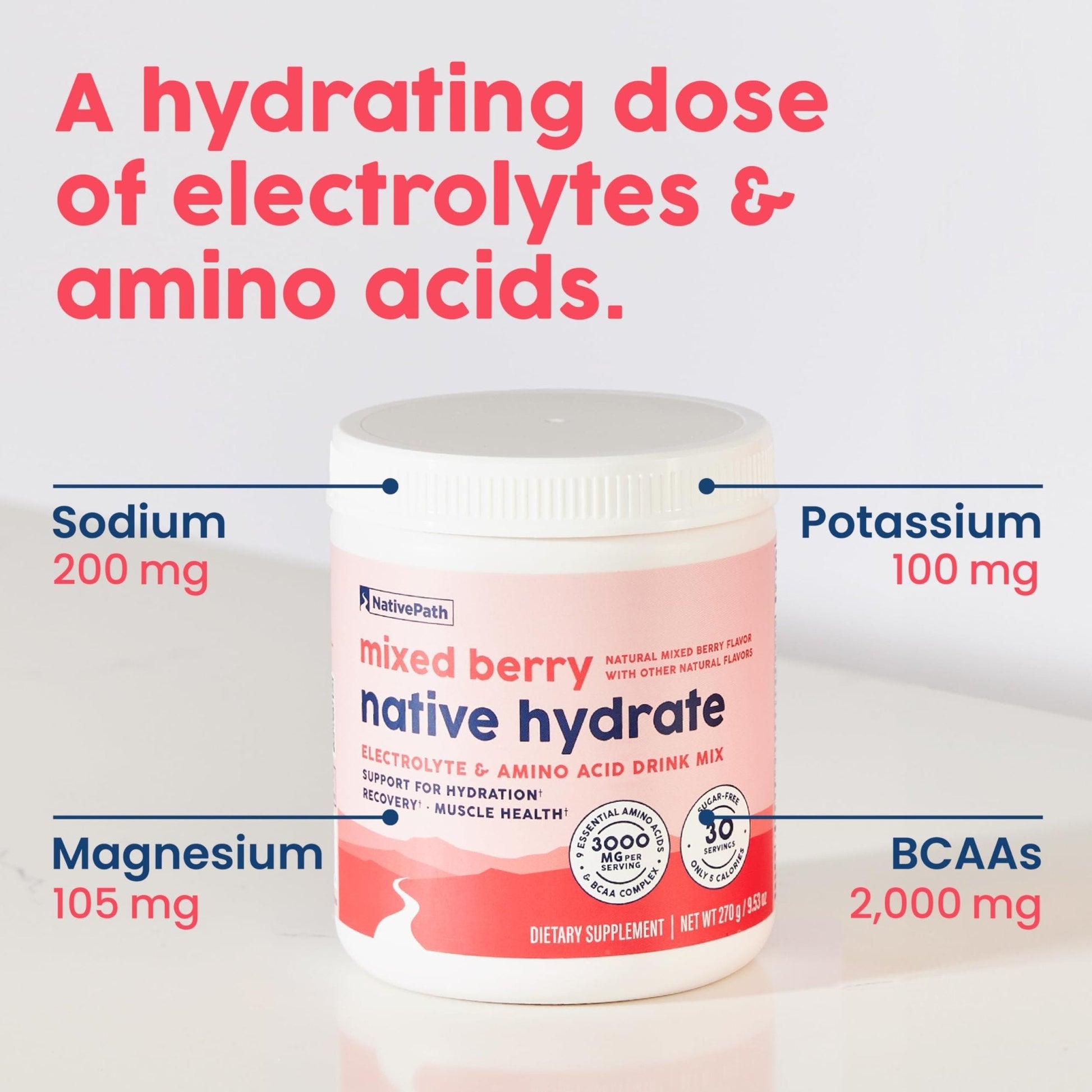 NativePath Hydrate, Zero Sugar, Electrolytes Powder with BCAAs, Mixed Berry Hydration, Keto & Paleo Friendly, 30 Servings - Maple Wellness Supplements