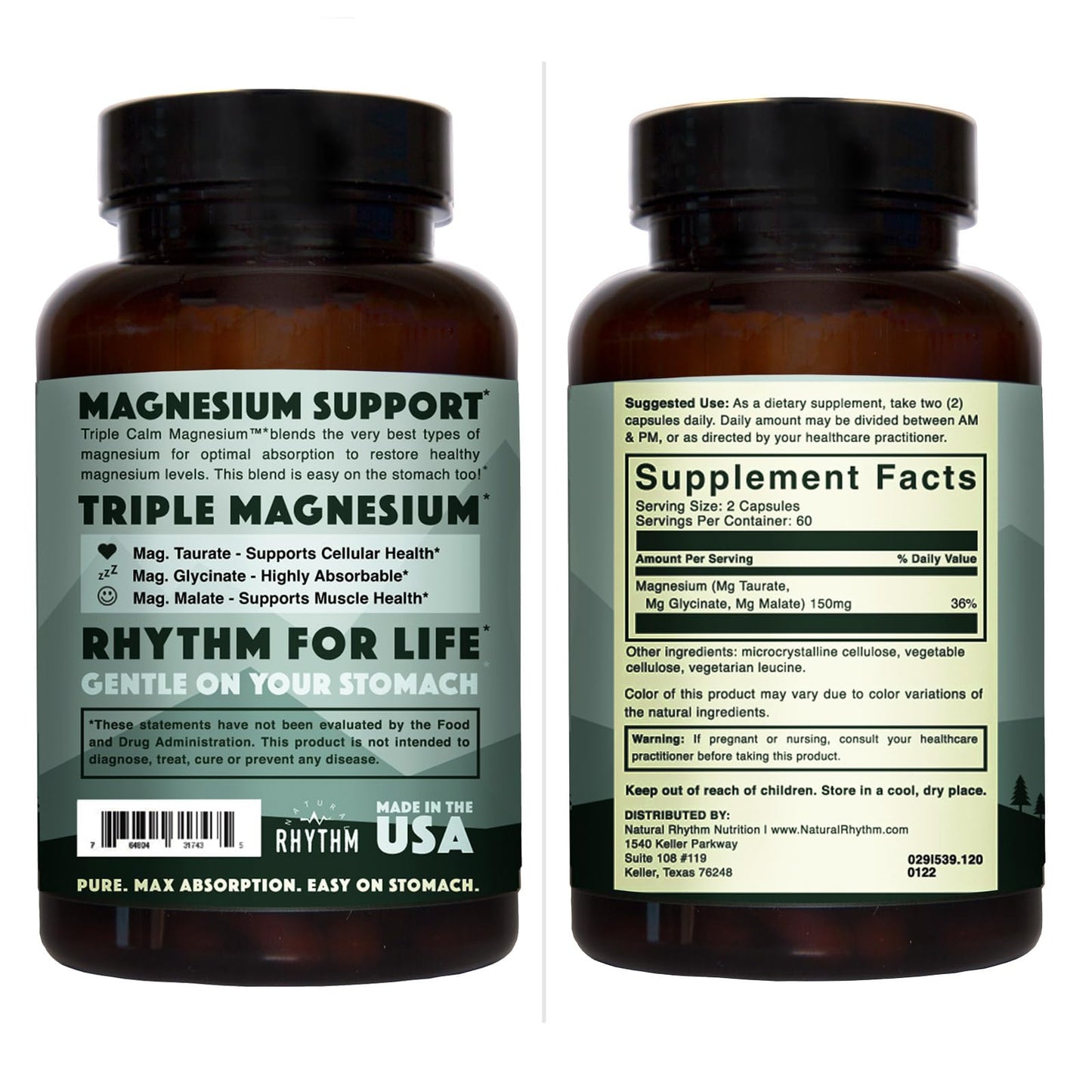 Natural Rhythm Triple Calm Magnesium Complex - 120 Capsules, Chelated Magnesium Glycinate, Taurate & Malate, High Absorption Supplement for Sleep, Stress, Muscle & Heart Support, Non-GMO, Vegan - Maple Wellness Supplements
