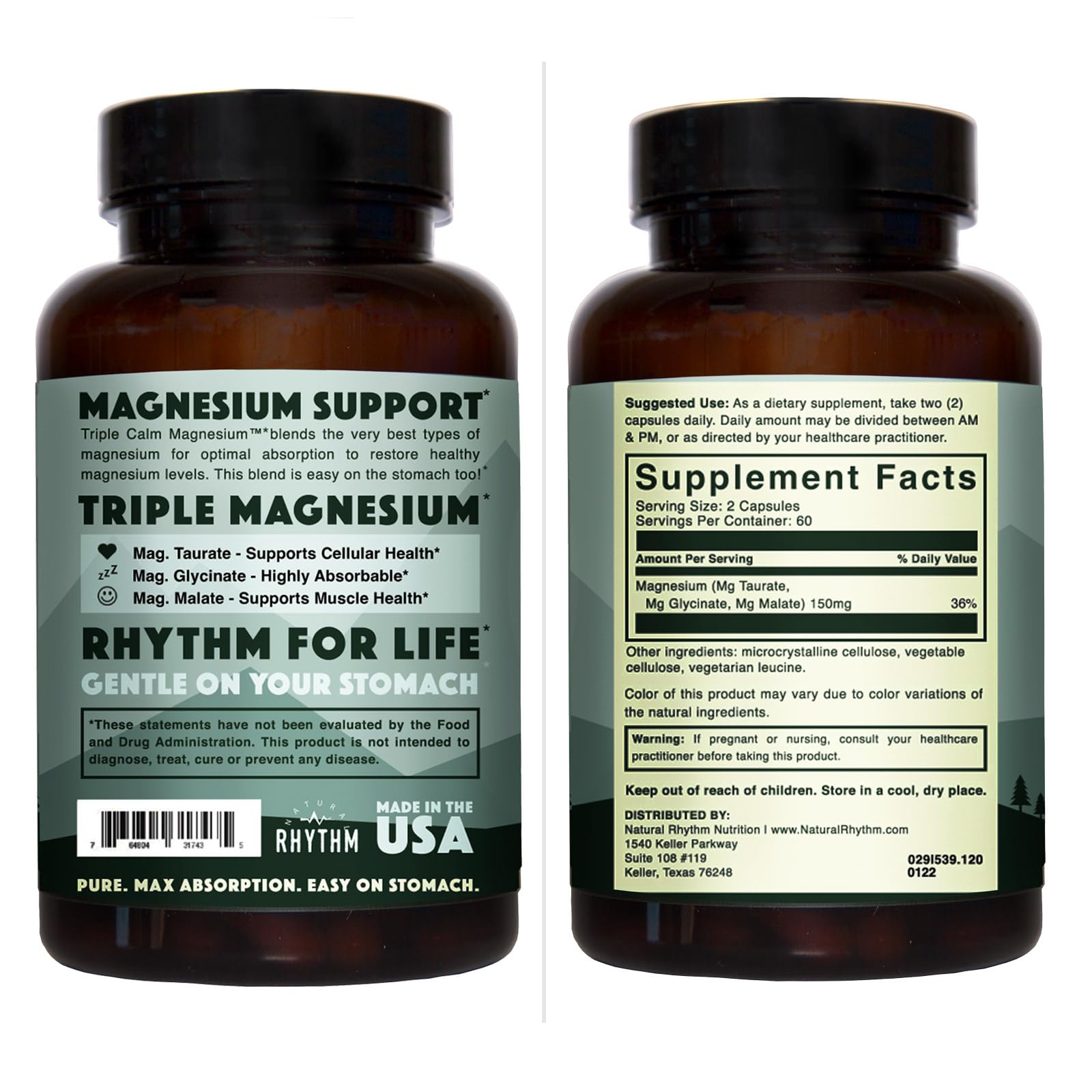 Natural Rhythm Triple Calm Magnesium Complex - 120 Capsules, Chelated Magnesium Glycinate, Taurate & Malate, High Absorption Supplement for Sleep, Stress, Muscle & Heart Support, Non-GMO, Vegan - Maple Wellness Supplements