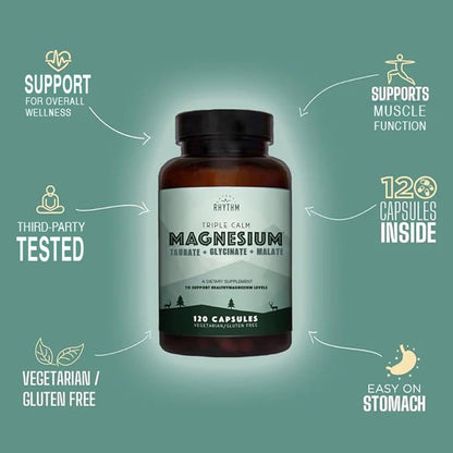 Natural Rhythm Triple Calm Magnesium Complex - 120 Capsules, Chelated Magnesium Glycinate, Taurate & Malate, High Absorption Supplement for Sleep, Stress, Muscle & Heart Support, Non-GMO, Vegan - Maple Wellness Supplements