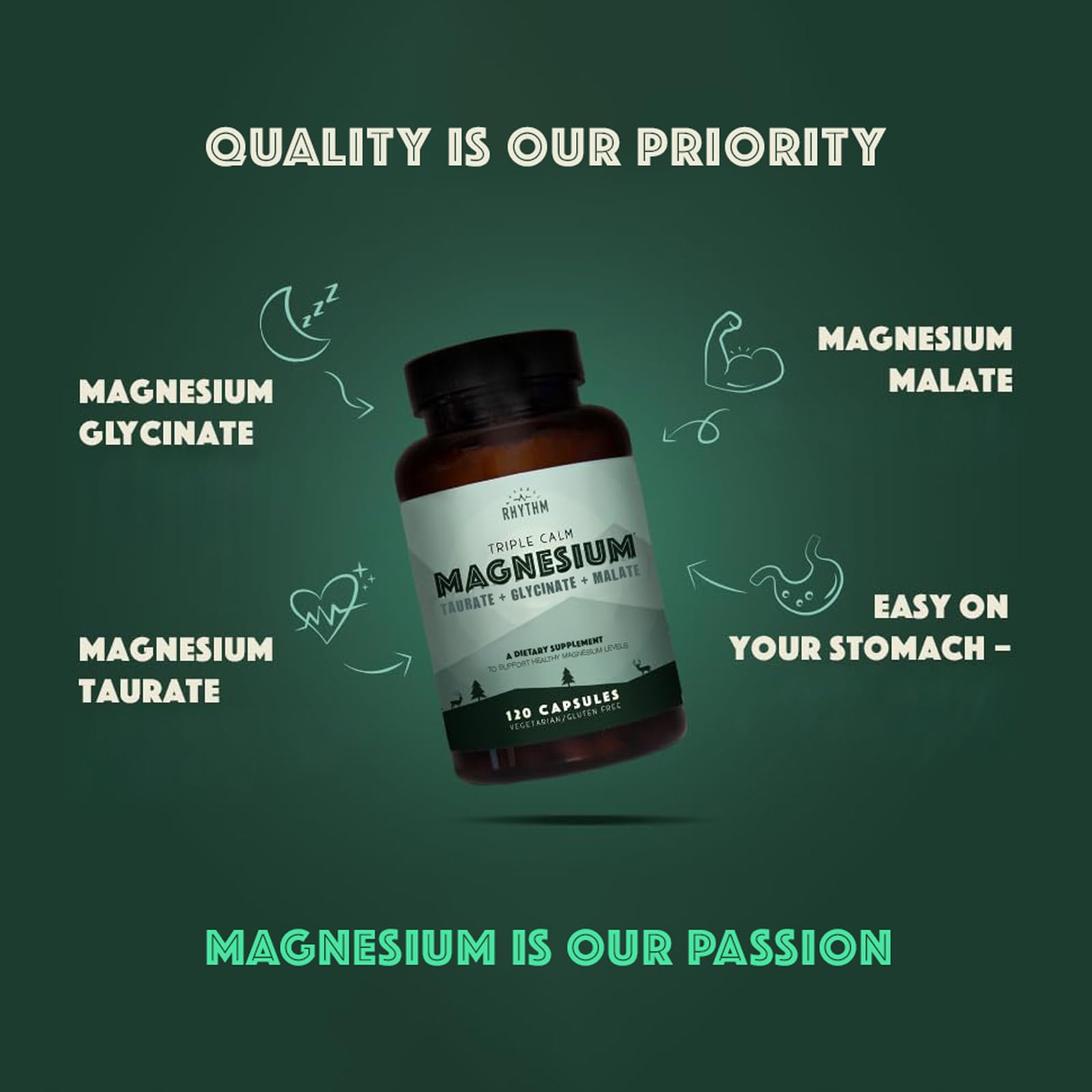 Natural Rhythm Triple Calm Magnesium Complex - 120 Capsules, Chelated Magnesium Glycinate, Taurate & Malate, High Absorption Supplement for Sleep, Stress, Muscle & Heart Support, Non-GMO, Vegan - Maple Wellness Supplements