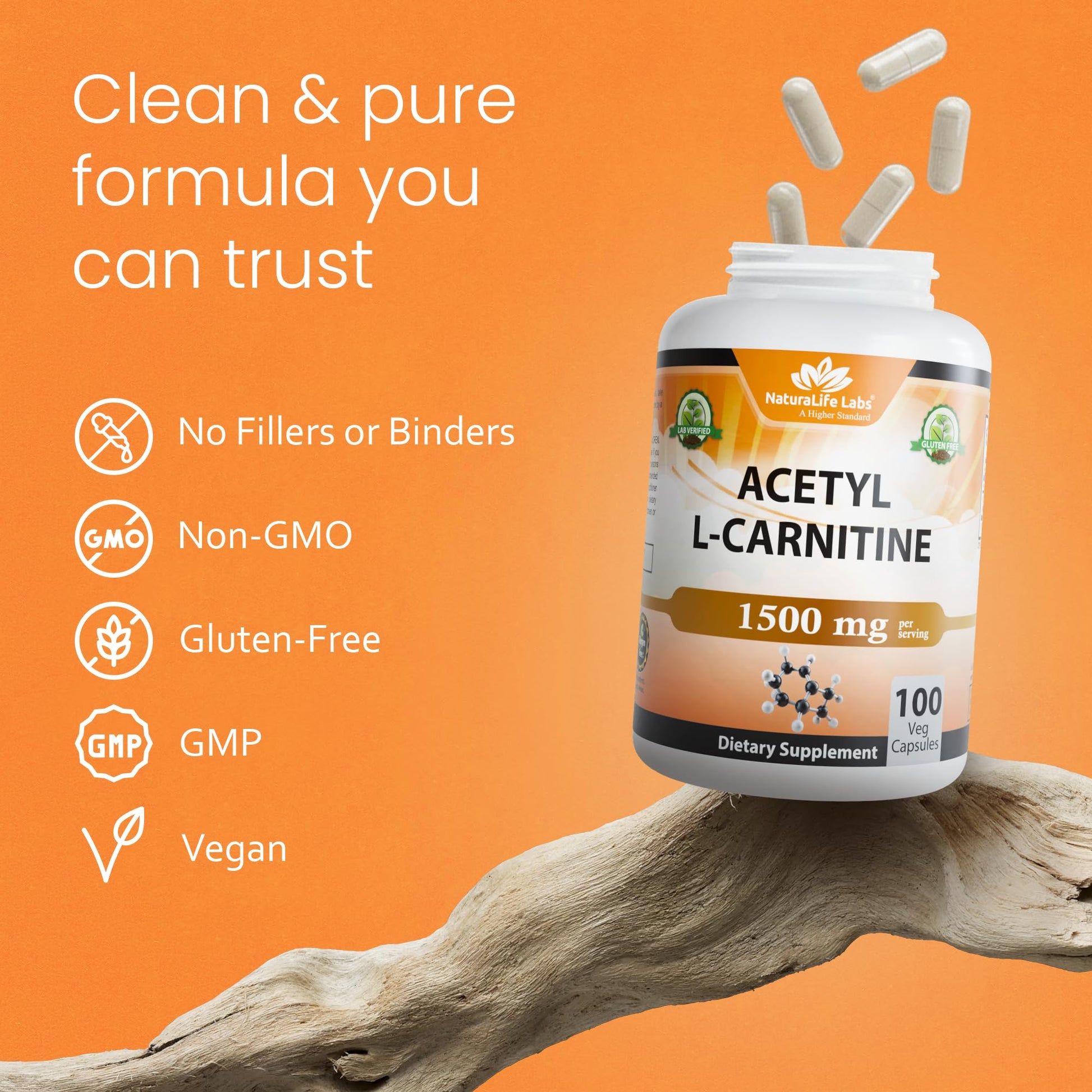NaturaLife Labs Acetyl L-Carnitine (ALCAR) 1500 mg per Serving – 100 Capsules – Non-GMO, Gluten-Free, Vegan - Maple Wellness Supplements