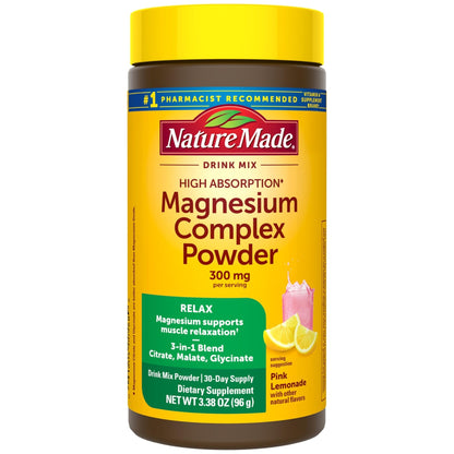 Nature Made High Absorption Magnesium Complex Drink Mix Powder, Magnesium Citrate, Glycinate & Malate 3-in-1 Blend, Pink Lemonade Flavor, 96 g, 30 Day Supply - Maple Wellness Supplements