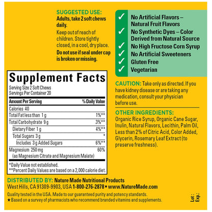 Nature Made High Absorption Magnesium Complex Soft Chews, Magnesium Supplement for Muscle, Heart, Bone Support, Magnesium Citrate & Malate Blend 250 mg per Serving, 40 Vegetarian Chews, 20 Day Supply - Maple Wellness Supplements