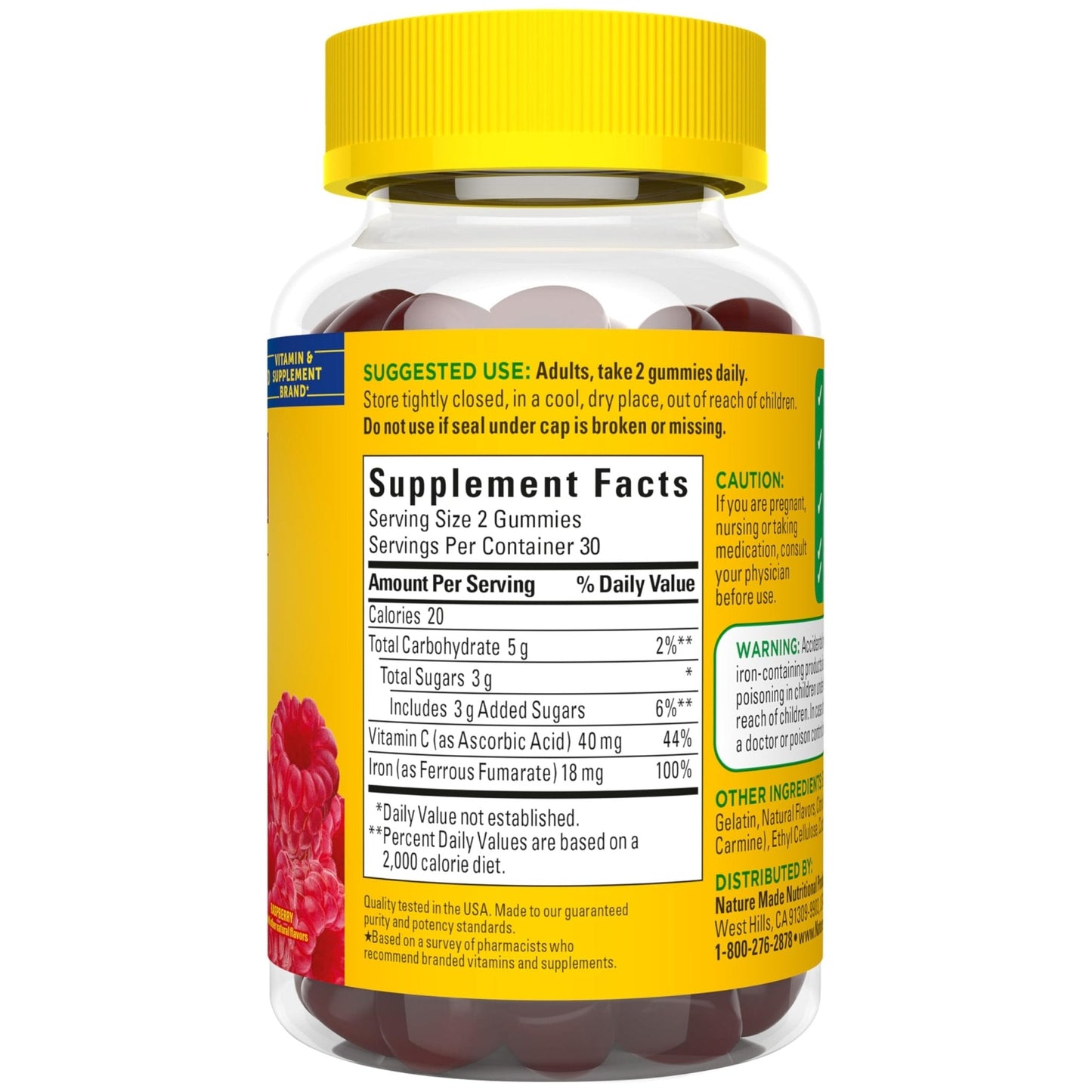 Nature Made Iron 18 mg per serving Gummies with Vitamin C, Iron Supplement for Red Blood Cell Support, 60 Gummies, 30 Day Supply - Maple Wellness Supplements