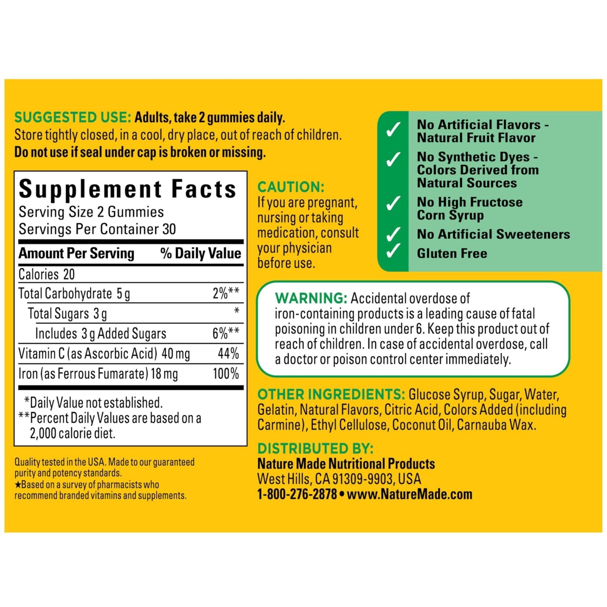 Nature Made Iron 18 mg per serving Gummies with Vitamin C, Iron Supplement for Red Blood Cell Support, 60 Gummies, 30 Day Supply - Maple Wellness Supplements