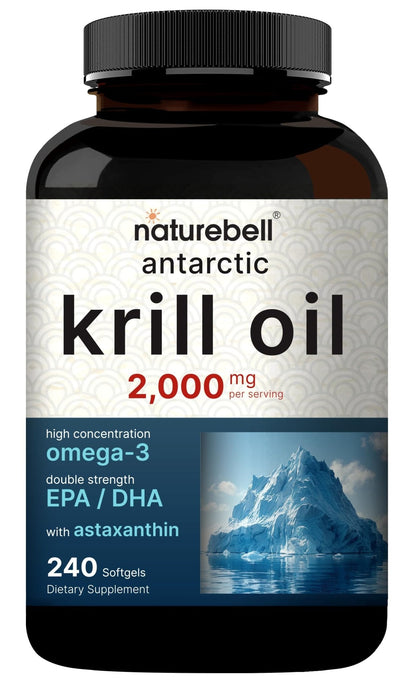 NatureBell Antarctic Krill Oil 2000mg Supplement, 240 Softgels, 3X Strength Natural Source of Omega-3s, EPA 240mg + DHA 160mg + Astaxanthin 800mcg - Maple Wellness Supplements