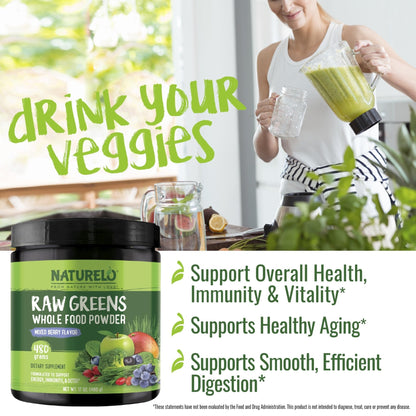 NATURELO Raw Greens Superfood Powder 480 Grams, Mixed Berry - Supports Energy, Immunity and Detox - Includes Spirulina, Wheat Grass and Organic - Maple Wellness Supplements
