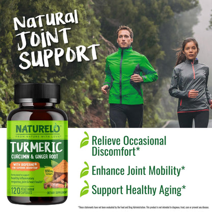 NATURELO Turmeric Curcumin - BioPerine for Better Absorption - Black Pepper, Ginger Root, Curcuminoids - Plant-Based Joint Discomfort Support - Maple Wellness Supplements
