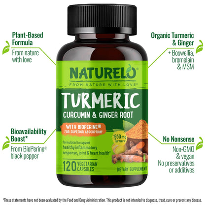 NATURELO Turmeric Curcumin - BioPerine for Better Absorption - Black Pepper, Ginger Root, Curcuminoids - Plant-Based Joint Discomfort Support - Maple Wellness Supplements