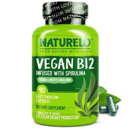 NATURELO Vegan B12 - Methyl B12 with Organic Spirulina - High Potency Vitamin B12 1000 mcg Methylcobalamin - Supports Healthy Mood - Maple Wellness Supplements