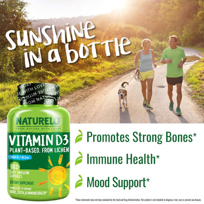 NATURELO Vitamin D - 2500 IU - Plant Based from Lichen - Natural D3 Supplement for Immune System, Bone Support, Joint Health - Vegan - Maple Wellness Supplements