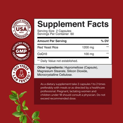 Natures Craft Red Yeast Rice with CoQ10 Supplement - Advanced Healthy Heart & Healthy Cholesterol Levels Formula for Men & Women - Red Yeast Rice Capsules with 1200 mg - Maple Wellness Supplements