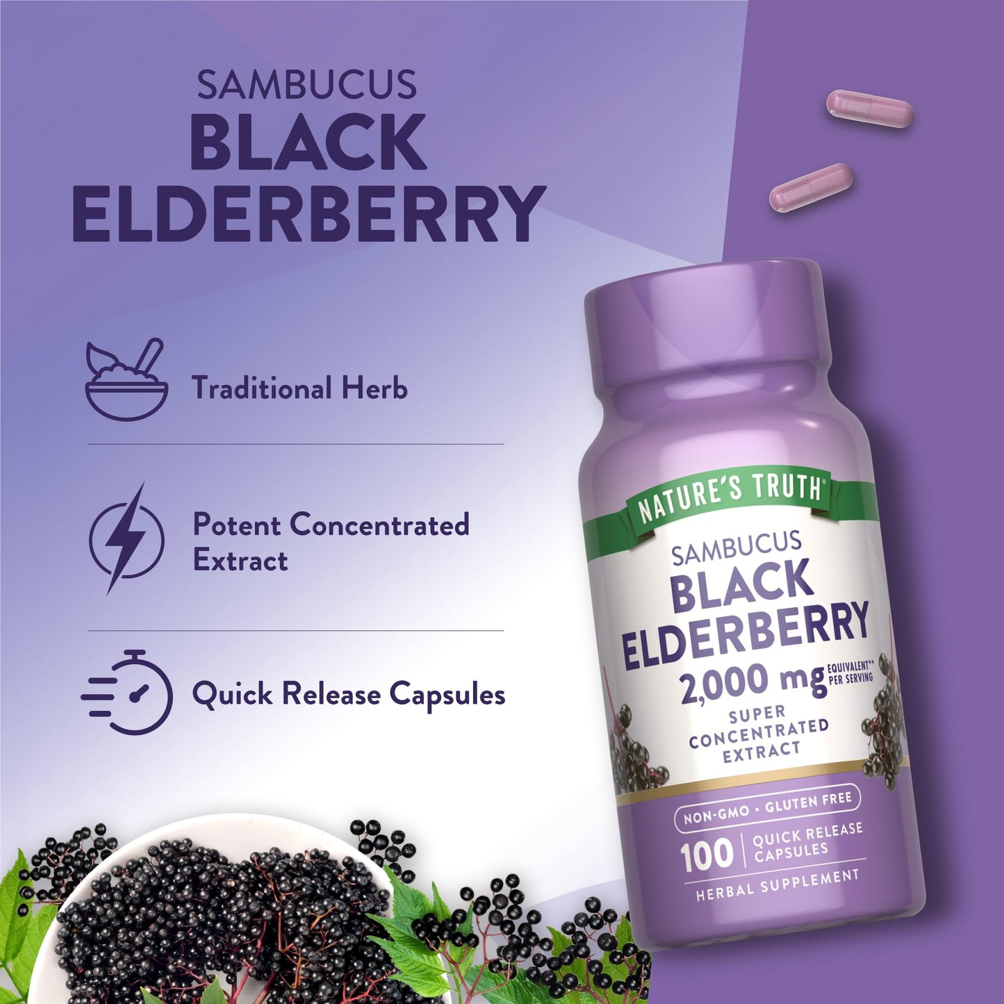 Nature's Truth Black Elderberry Capsules | 100 Count | Super Concentrated Sambucus Extract | Non-GMO and Gluten Free Supplement - Maple Wellness Supplements
