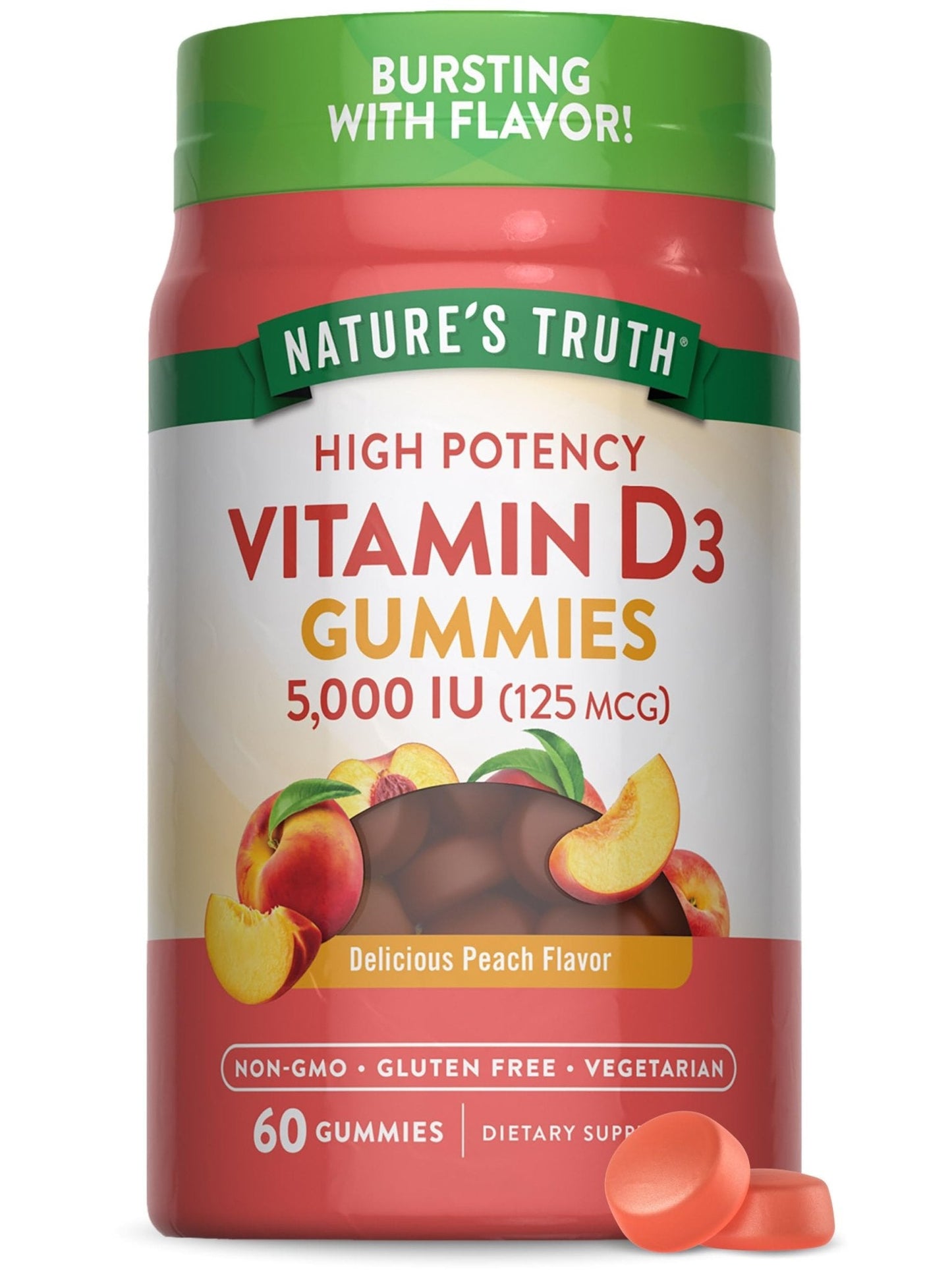 Nature's Truth Vitamin D3 Gummies | 5000 IU | 60 Count | Peach Flavor | Vegetarian, Non-GMO & Gluten Free Supplement - Maple Wellness Supplements