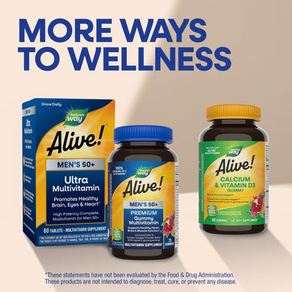 Nature’s Way Alive! Men’s 50 Plus Premium Gummy Multivitamin, Supports Healthy Heart, Brain & Muscle Function with High Potency B-Vitamins, Vitamin A, C, D3 - Maple Wellness Supplements