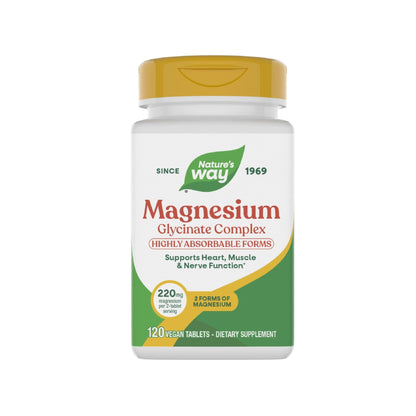 Nature's Way Magnesium Glycinate Complex, Supports Heart, Muscle, Nerve Function*, Highly Absorbable, 220 mg per 2-Tablet Serving, No Gluten, Vegan, 120 Tablets - Maple Wellness Supplements
