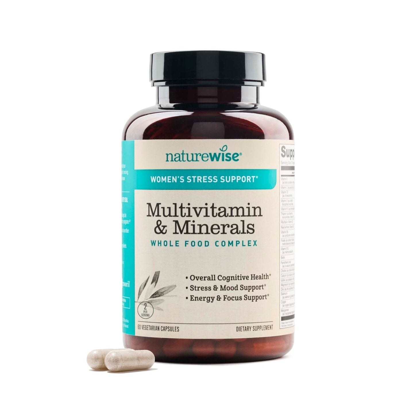 NatureWise Multivitamin for Women + Stress Support with Organic Whole Foods & Natural Minerals - B-Complex + Vitamin C + D3 K2 for Immunity, Hair, Skin & Nails - Non-GMO - 60 Capsules[30-Day Supply] - Maple Wellness Supplements