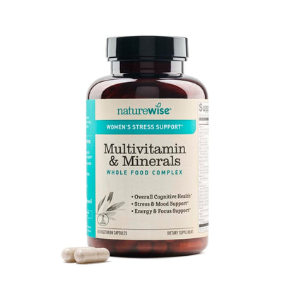 NatureWise Multivitamin for Women + Stress Support with Organic Whole Foods & Natural Minerals - B-Complex + Vitamin C + D3 K2 for Immunity, Hair, Skin & Nails - Non-GMO - 60 Capsules[30-Day Supply] - Maple Wellness Supplements