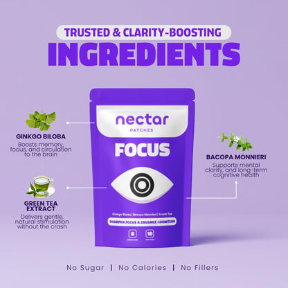 Nectar Focus Patches | Natural Cognitive Support with Ginkgo Biloba, Bacopa & Magnesium for Memory – Mental Clarity Neuro Patches for Work, Study – Clean Plant-Based Nootropic Alternative | 30 Count - Maple Wellness Supplements