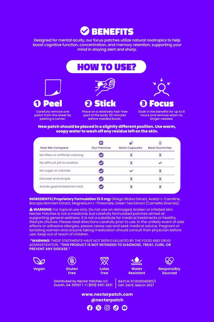 Nectar Focus Patches | Natural Cognitive Support with Ginkgo Biloba, Bacopa & Magnesium for Memory – Mental Clarity Neuro Patches for Work, Study – Clean Plant-Based Nootropic Alternative | 30 Count - Maple Wellness Supplements