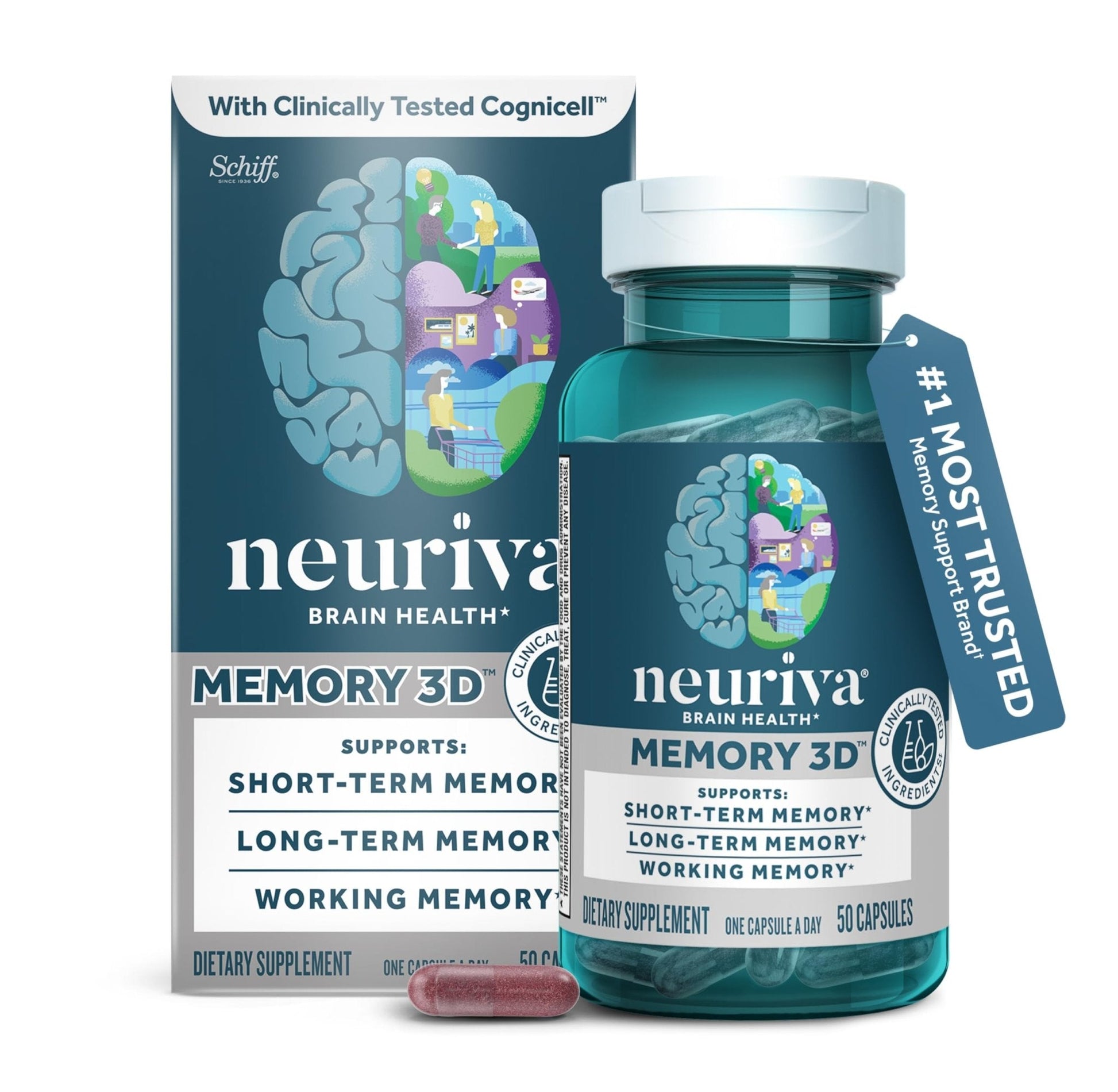 NEURIVA Memory 3D Brain Supplement - Decaffeinated Nootropic Capsules for Memory, Focus, & Cognitive Function - Short Term, Long Term, & Working Memory Support - 50ct - Maple Wellness Supplements