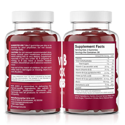 NEW AGE Vitamin B Complex Gummies with Vitamin B3, B6, & B12 – with Biotin, Folic Acid & Vitamin C – Gluten-Free, Vegan - Maple Wellness Supplements