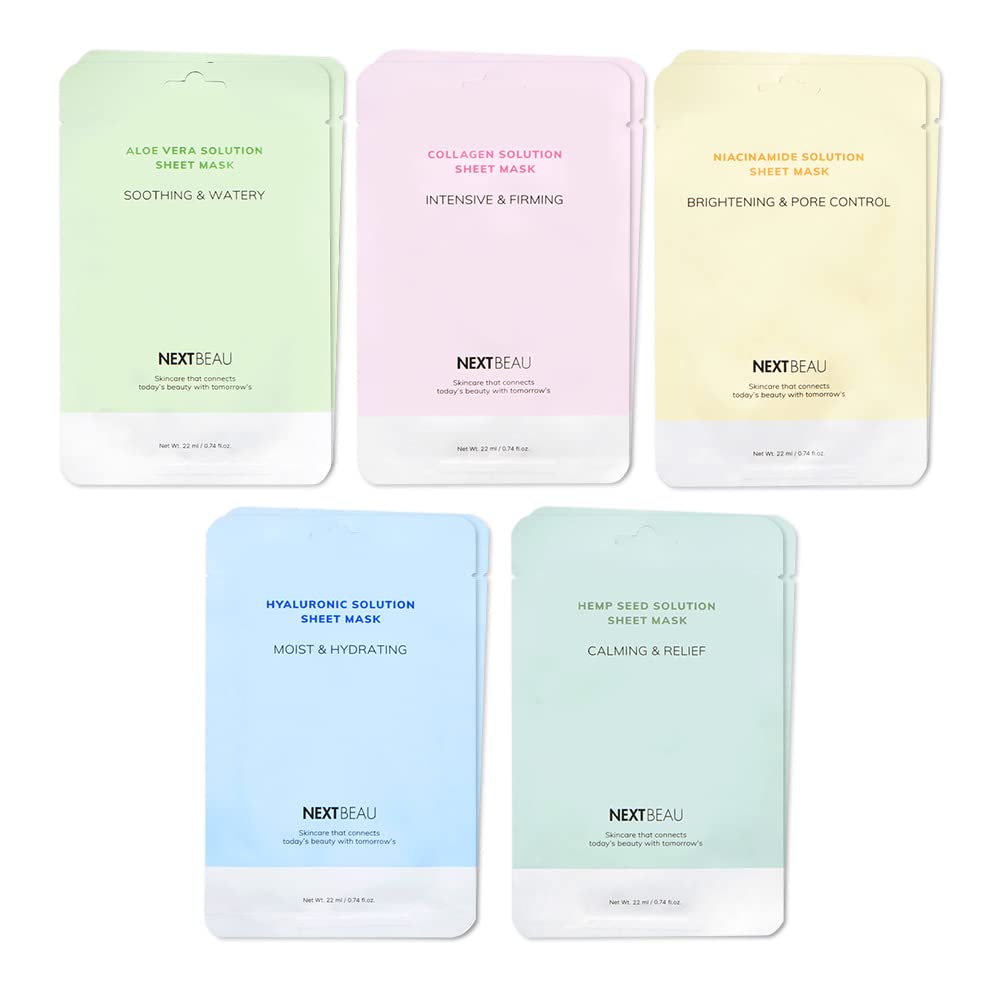 NEXTBEAU Solution Sheet Mask Variety Pack, 10 Count (5 Types x 2 Sheets), 0.74 fl oz Each, Korean Facial Sheet Masks for Daily Skincare - Maple Wellness Supplements