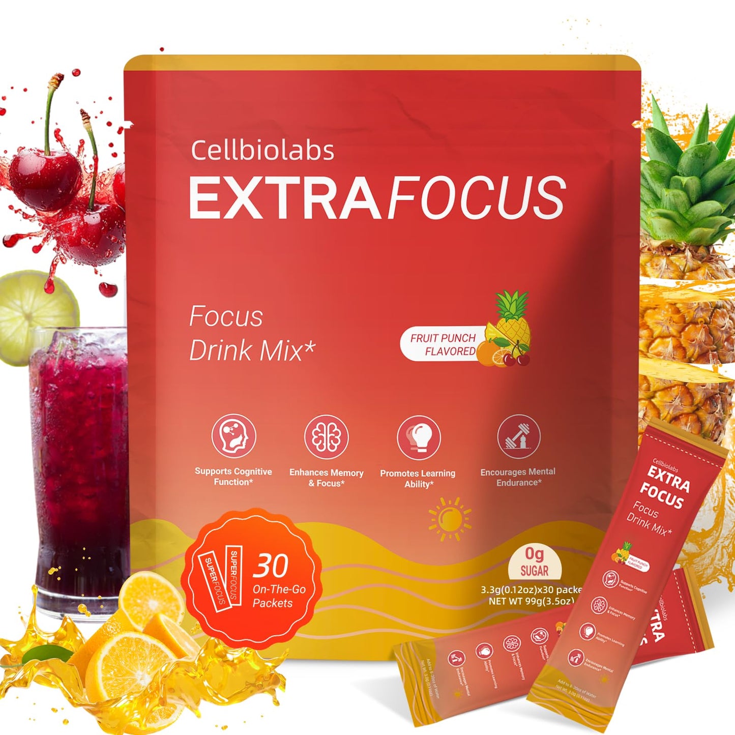Nootropic Extra Focus Drink Mix, 30 Packs On-The-Go Sticks, Featuring Alpha-GPC, Lion's Mane & Rhodiola, Sugar-Free Packets Fruit Punch Clean Drink Mix - Maple Wellness Supplements