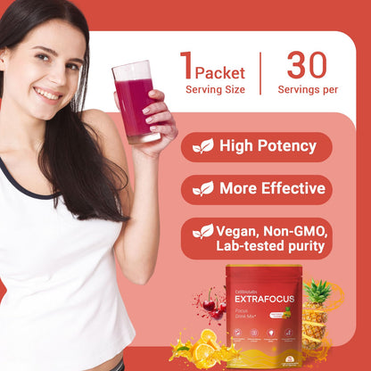 Nootropic Extra Focus Drink Mix, 30 Packs On-The-Go Sticks, Featuring Alpha-GPC, Lion's Mane & Rhodiola, Sugar-Free Packets Fruit Punch Clean Drink Mix - Maple Wellness Supplements