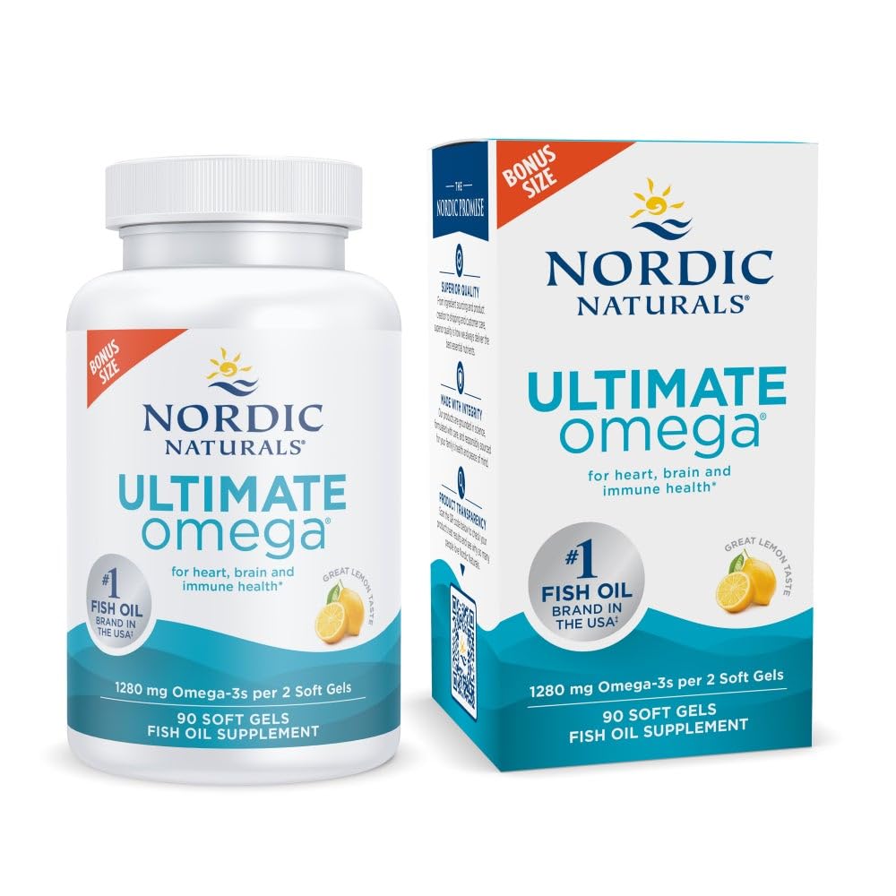 Nordic Naturals Ultimate Omega, Lemon Flavor - 90 Soft Gels - 1280 mg Omega-3 - High-Potency Omega-3 Fish Oil Supplement with EPA & DHA - Promotes Brain & Heart Health - Non-GMO - 45 Servings - Maple Wellness Supplements