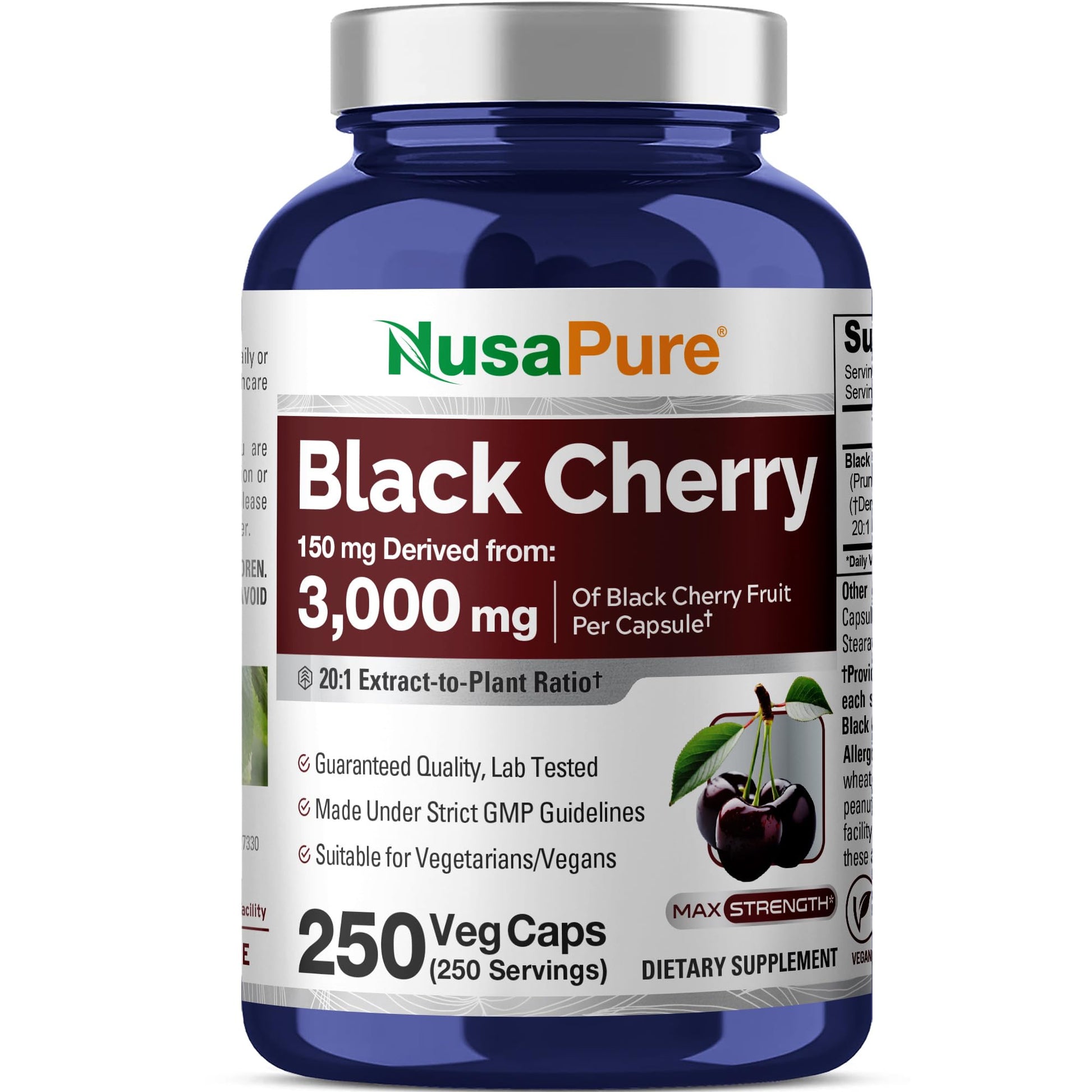 NusaPure Black Cherry Extract 20:1 - Suitable for Vegetarian/Vegan, Non - GMO - 3,000mg 250 Capsules - Maple Wellness Supplements