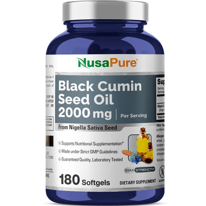NusaPure Black Seed Oil 2000mg per Serving - 180 Softgel Caps (Non-GMO, Gluten-Free) Cold-Pressed Nigella Sativa - Maple Wellness Supplements