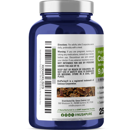 NusaPure Cascara Sagrada 10:1 Extract, 900 mg Equivalent to 9,000 mg per Veggie Caps - 250 Capsules (Non-GMO, Vegan) - Maple Wellness Supplements