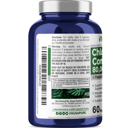 NusaPure Chlorophyll 200:1 Extract, 400 mg Equivalent to 80,000mg 60 Veggie Caps (Equivalent 80000mg per Serving, Non-GMO, Vegan) Sodium Copper Chlorophyllin - Maple Wellness Supplements