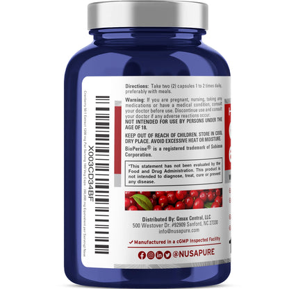 NusaPure Cranberry 60,000 mg 180 Veg Caps (Bioperine, Non-GMO, Vegan) - Maple Wellness Supplements