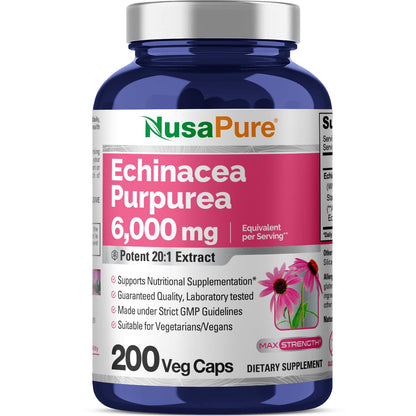 NusaPure Echinacea 20:1 Extract, 300 mg Equivalent to 6,000mg 200 Veggie Caps, Vegan, Non-GMO, Gluten Free Supplement - Maple Wellness Supplements