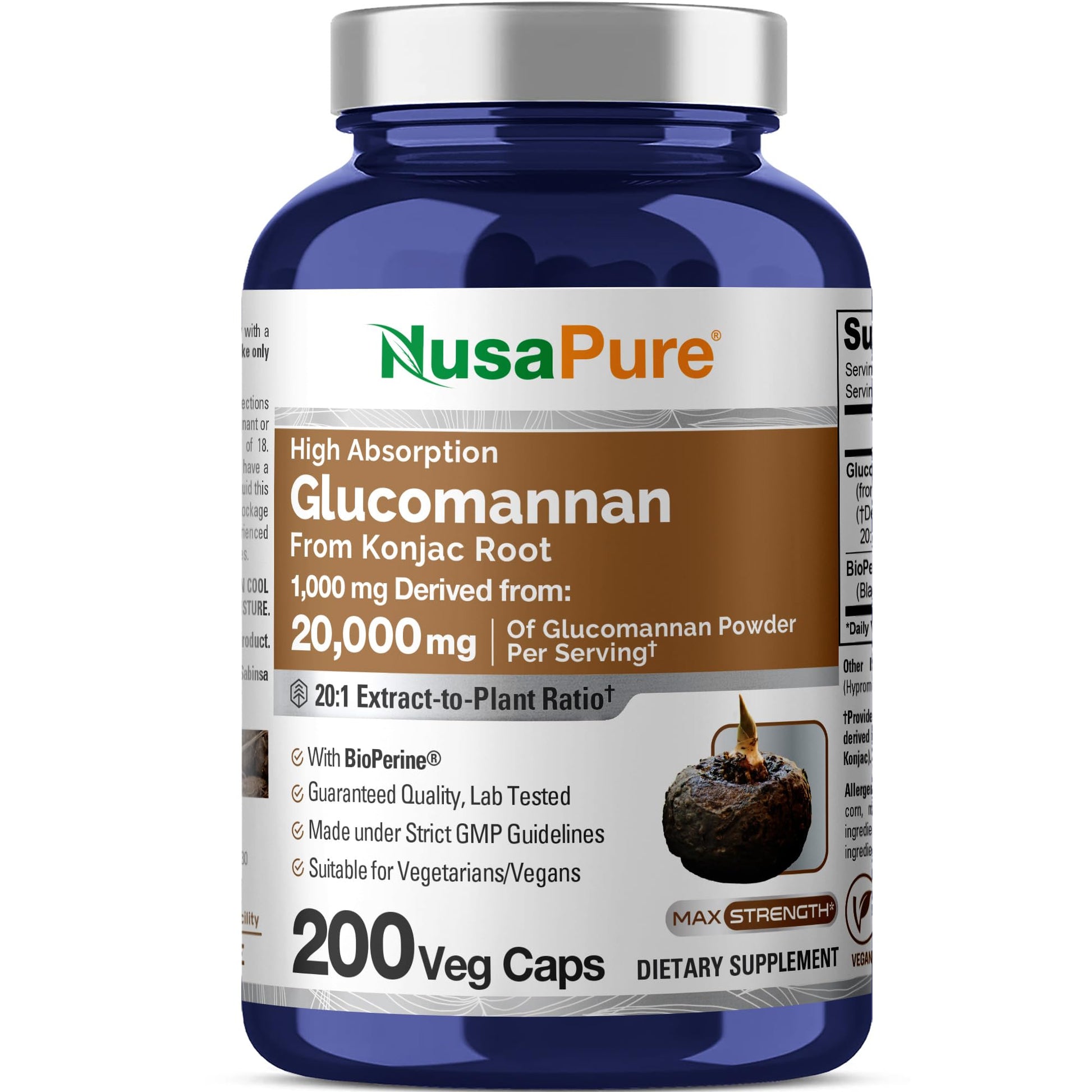 NusaPure Glucomannan 20,000 mg per Serving 200 VCaps (20:1 Extract, BioPerine Non-GMO, Vegan) Konjac Root - Maple Wellness Supplements