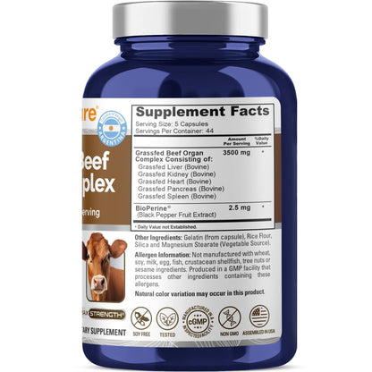 NusaPure Grass Fed Beef Organ Complex | 220 Capsules | Pasture Raised | with Desiccated Liver, Kidney, Pancreas, Heart, Spleen | Soyfree Non-GMO, Bioperine - Maple Wellness Supplements