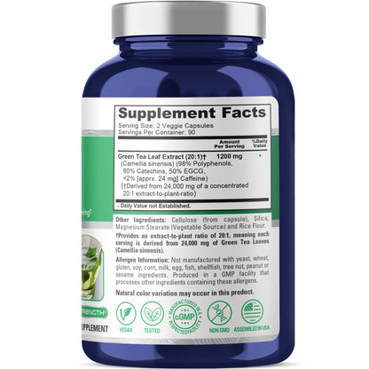 NusaPure Green Tea 20:1 Extract, 1200 mg Equivalent to 24000mg, 180 Vegan Capsules, 50% EGCG, 98% Polyphenols, 80% Catechins - Maple Wellness Supplements