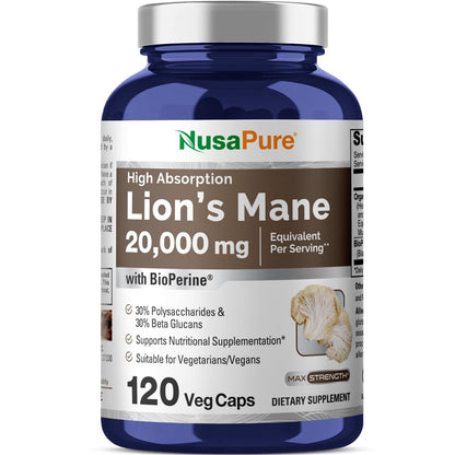 NusaPure Lions Mane 20:1 Extract (20,000 mg Equivalent) - Made with Organic Lion`s Mane, Bioperine - 30% Polysaccharides - 120 Veggie Caps. Non-GMO, Gluten Free - Maple Wellness Supplements