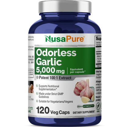 NusaPure Odorless Garlic 100:1 Extract, 50 mg Equivalent to 5000mg Capsule | 120 Veggie Caps | High Potency | Herbal Supplement | Non-GMO | Vegan - Maple Wellness Supplements