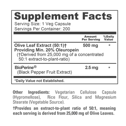 NusaPure Olive Leaf 20% Oleuropein 50:1 Extract, 500 mg Equivalent to 25,000 mg 200 Veg Caps Suitable for Vegetarians and Vegans, Non-GMO - Maple Wellness Supplements