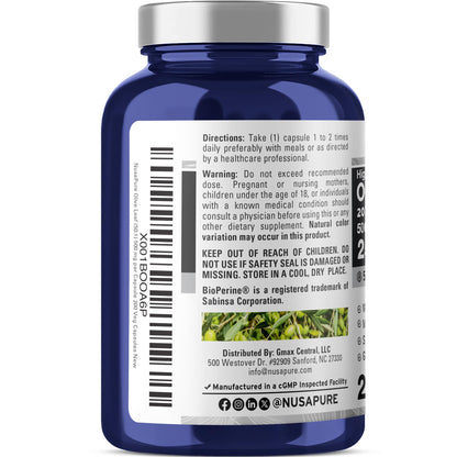 NusaPure Olive Leaf 20% Oleuropein 50:1 Extract, 500 mg Equivalent to 25,000 mg 200 Veg Caps Suitable for Vegetarians and Vegans, Non-GMO - Maple Wellness Supplements