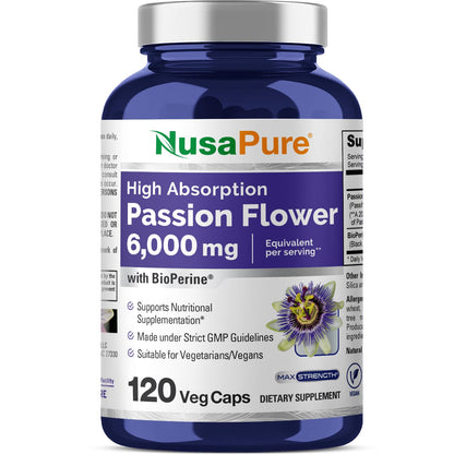 NusaPure Passion Flower 20:1 Extract, 300 mg Equivalent to 6,000mg, 120 Veggie Caps, Non-GMO, Bioperine, & Vegan Extract Supplement - Maple Wellness Supplements