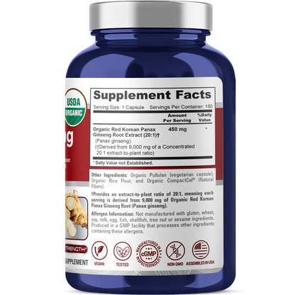NusaPure Red Korean Panax Ginseng 20:1 Extract, 450 mg Equivalent to 9,000 mg 180 Veggie Caps (USDA Organic, Non-GMO, Vegan, Vegetarian, Bioperine) - Maple Wellness Supplements