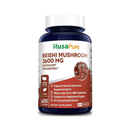 NusaPure Reishi Mushroom 4:1 Extract, 900 mg Equivalent to 3,600mg per Capsule 200 Veggie Caps Vegan, Non-GMO, Gluten-Free - Maple Wellness Supplements