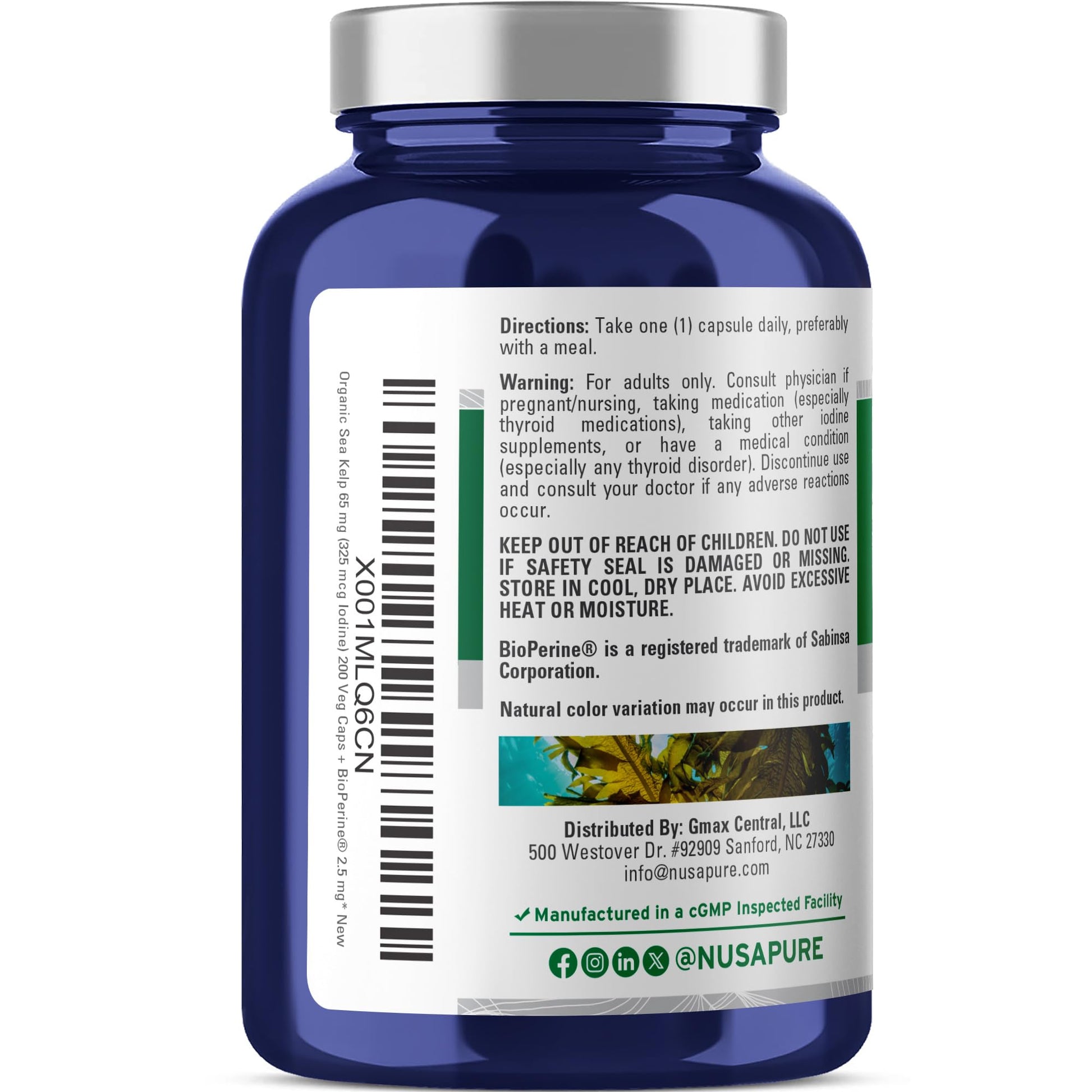 NusaPure Sea Kelp Natural Iodine 325mcg 10:1 Extract, 65 mg Equivalent to 650 mg Capsule 200 Count (Non-GMO, Vegan) - Maple Wellness Supplements